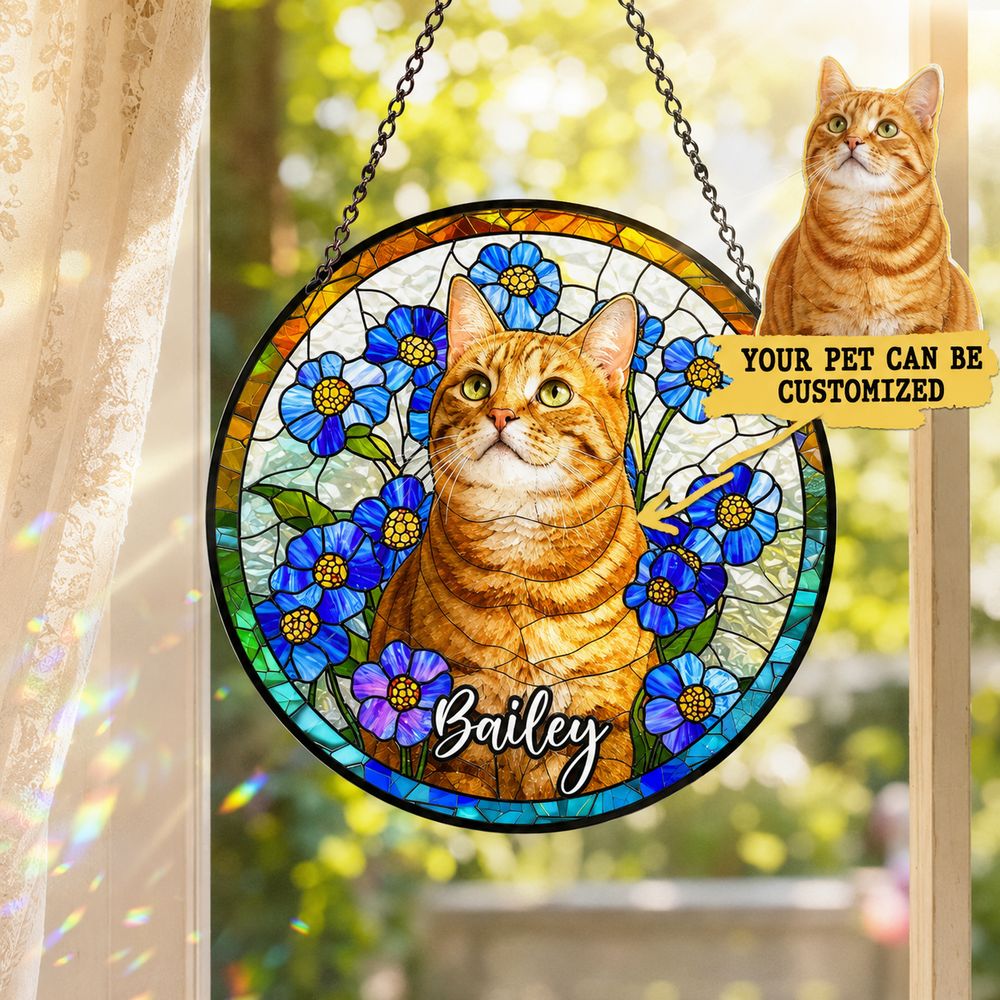 Custom Pet Stained Glass Suncatcher, Pet Memorial Gift, Personalized Dog Cat Memorial Window Decor, Dog Cat Loss Sympathy Gift, Pet Tribute Hanging Ornament - Style 1