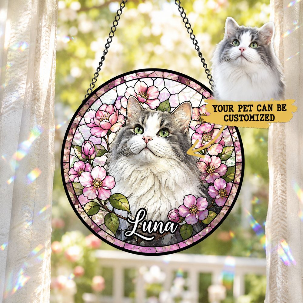 Custom Pet Stained Glass Suncatcher, Pet Memorial Gift, Personalized Dog Cat Memorial Window Decor, Dog Cat Loss Sympathy Gift, Pet Tribute Hanging Ornament - Style 2