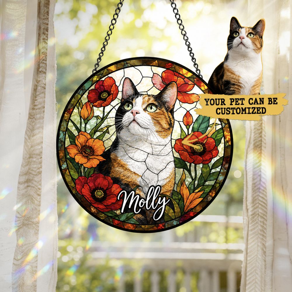 Custom Pet Stained Glass Suncatcher, Pet Memorial Gift, Personalized Dog Cat Memorial Window Decor, Dog Cat Loss Sympathy Gift, Pet Tribute Hanging Ornament - Style 4