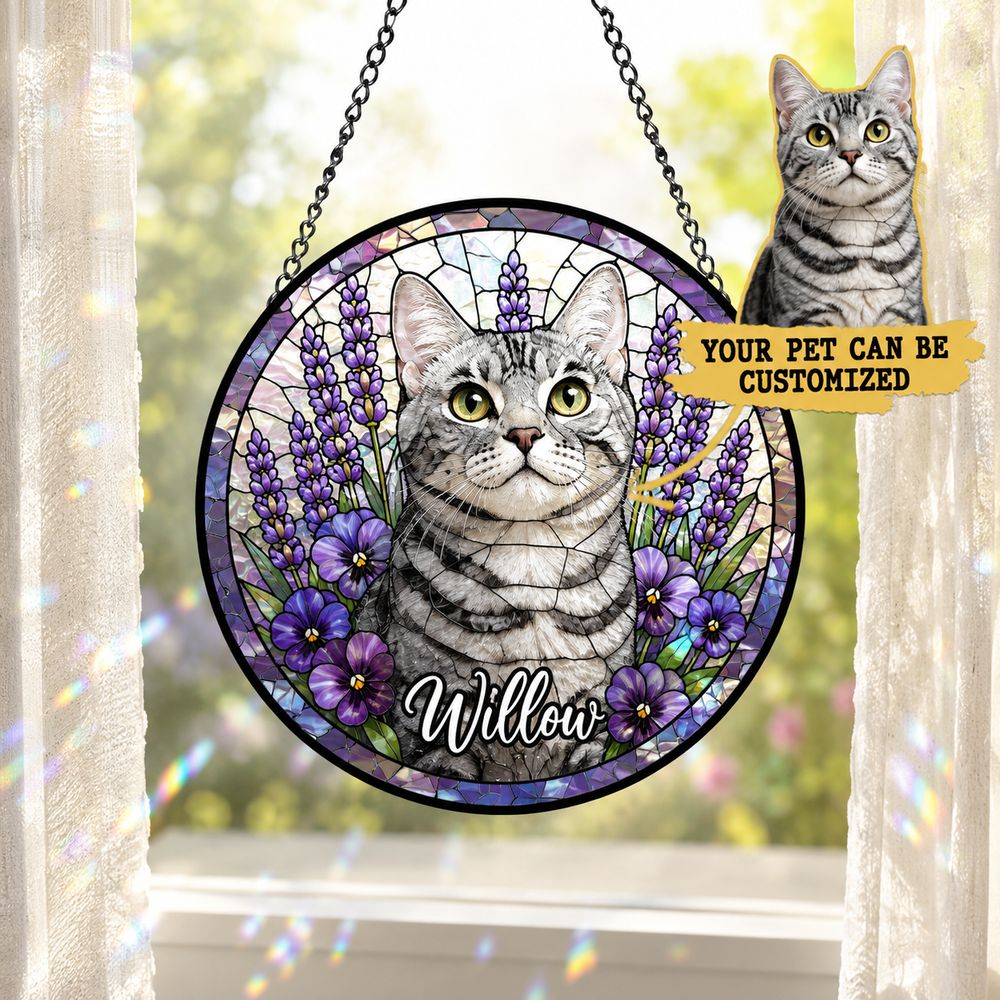 Custom Pet Stained Glass Suncatcher, Pet Memorial Gift, Personalized Dog Cat Memorial Window Decor, Dog Cat Loss Sympathy Gift, Pet Tribute Hanging Ornament - Style 6
