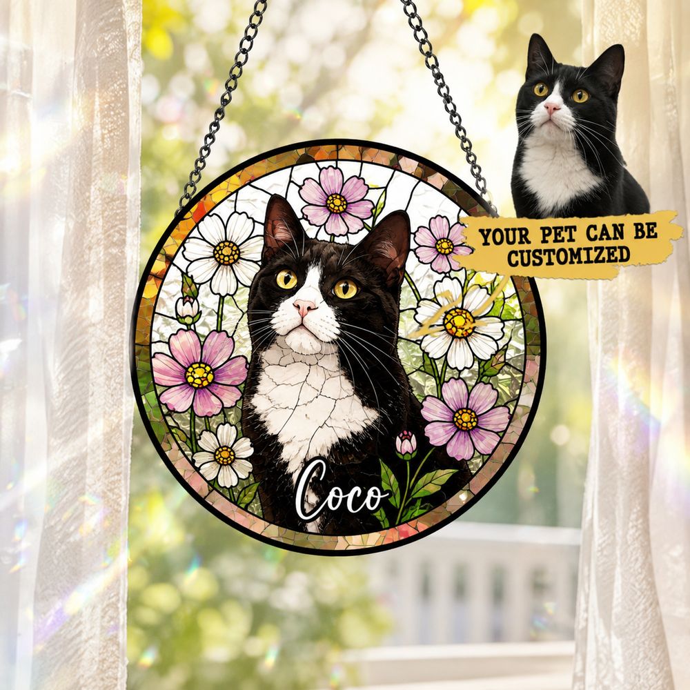 Custom Pet Stained Glass Suncatcher, Pet Memorial Gift, Personalized Dog Cat Memorial Window Decor, Dog Cat Loss Sympathy Gift, Pet Tribute Hanging Ornament - Style 7
