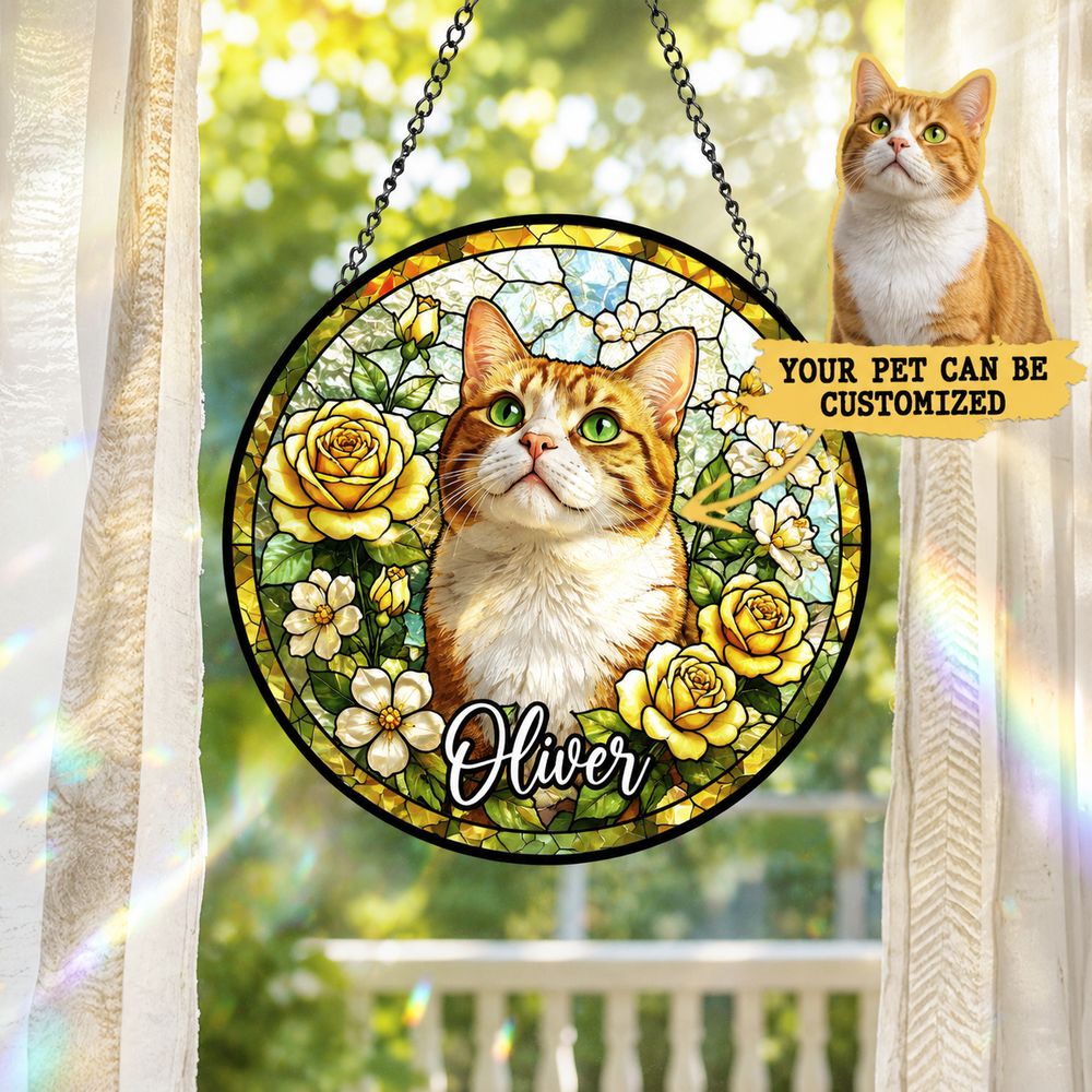Custom Pet Stained Glass Suncatcher, Pet Memorial Gift, Personalized Dog Cat Memorial Window Decor, Dog Cat Loss Sympathy Gift, Pet Tribute Hanging Ornament - Style 8