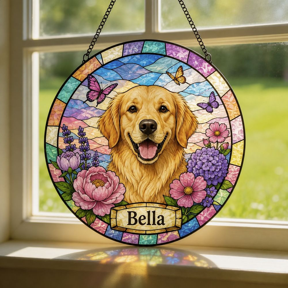 Custom Stained Glass Pet Portrait From Photo, Personalized Dog Loss Keepsake Gift, Dog Memorial Suncatcher, Pet Loss Gift, Window Hangings - Style 1