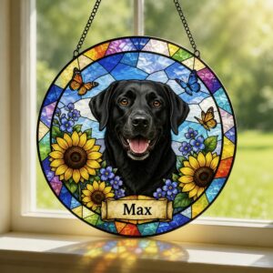 Custom Stained Glass Pet Portrait From Photo, Personalized Dog Loss Keepsake Gift, Dog Memorial Suncatcher, Pet Loss Gift, Window Hangings - Style 2