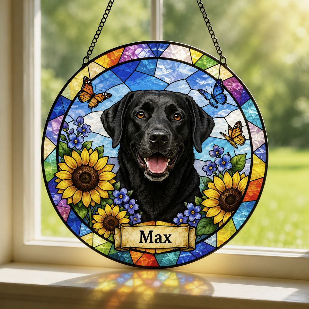 Custom Stained Glass Pet Portrait From Photo, Personalized Dog Loss Keepsake Gift, Dog Memorial Suncatcher, Pet Loss Gift, Window Hangings - Style 2