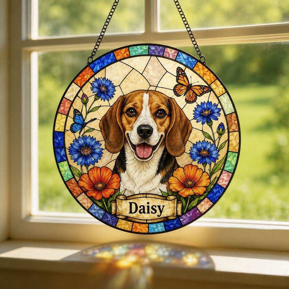Custom Stained Glass Pet Portrait From Photo, Personalized Dog Loss Keepsake Gift, Dog Memorial Suncatcher, Pet Loss Gift, Window Hangings - Style 3