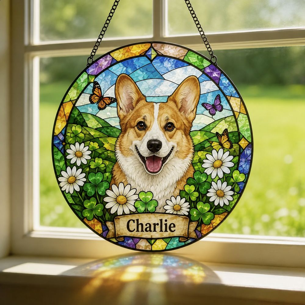 Custom Stained Glass Pet Portrait From Photo, Personalized Dog Loss Keepsake Gift, Dog Memorial Suncatcher, Pet Loss Gift, Window Hangings - Style 4