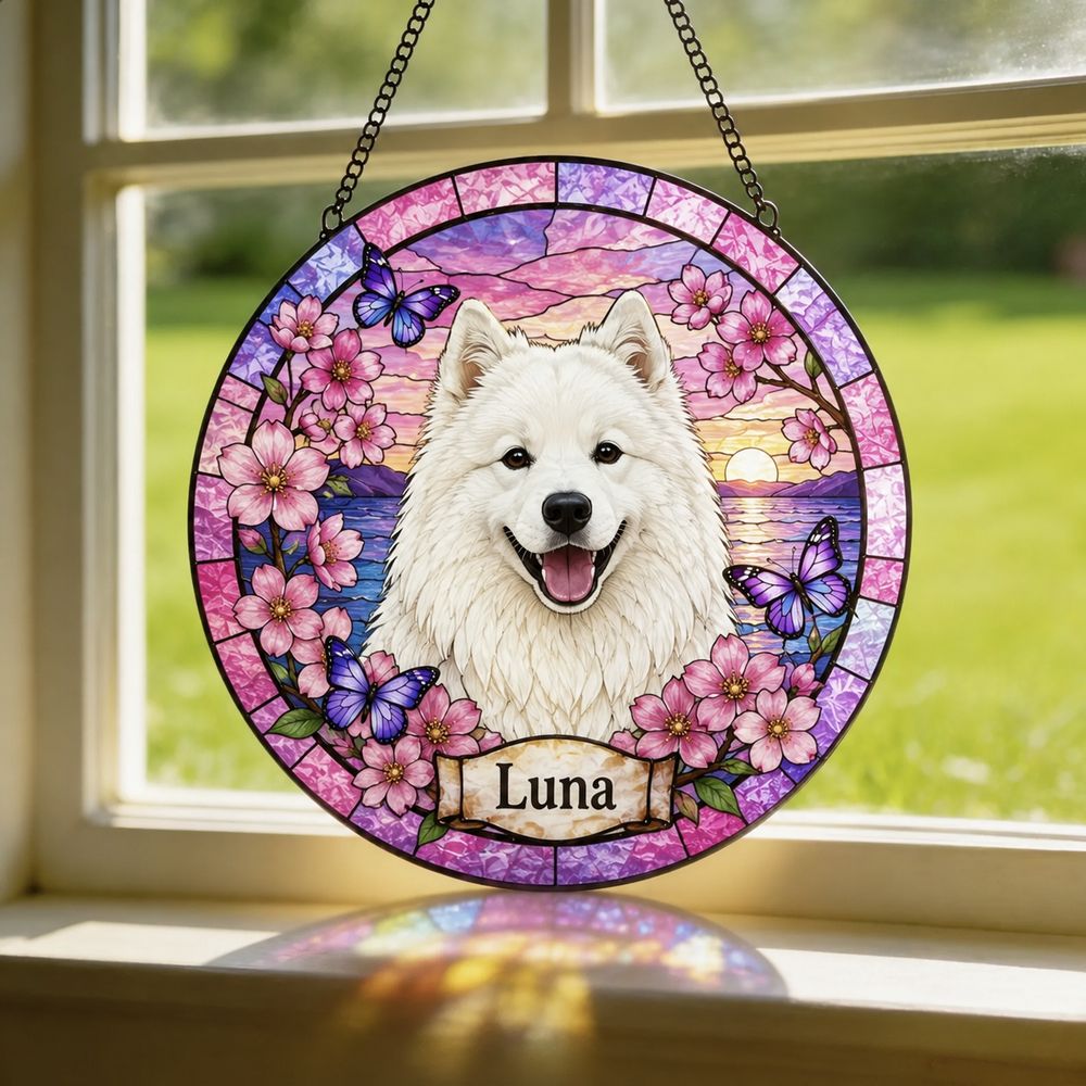 Custom Stained Glass Pet Portrait From Photo, Personalized Dog Loss Keepsake Gift, Dog Memorial Suncatcher, Pet Loss Gift, Window Hangings - Style 6