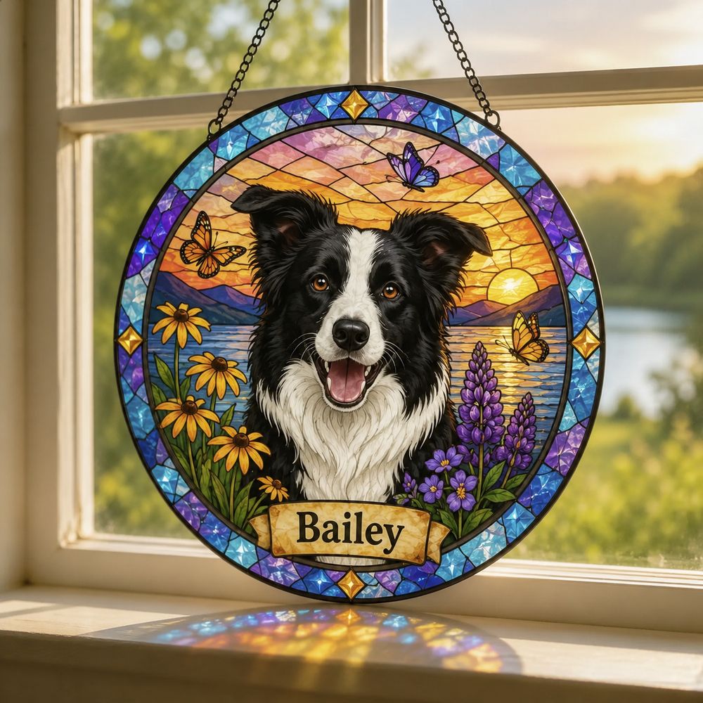 Custom Stained Glass Pet Portrait From Photo, Personalized Dog Loss Keepsake Gift, Dog Memorial Suncatcher, Pet Loss Gift, Window Hangings - Style 7