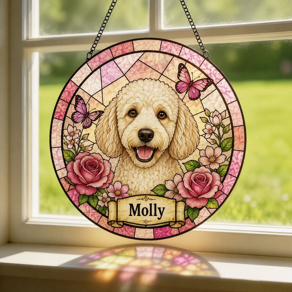 Custom Stained Glass Pet Portrait From Photo, Personalized Dog Loss Keepsake Gift, Dog Memorial Suncatcher, Pet Loss Gift, Window Hangings - Style 9