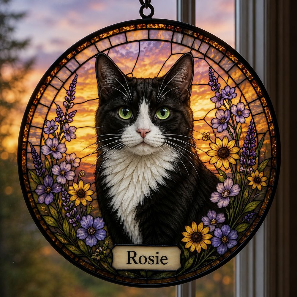Personalized Cat Memorial Suncatcher, Stained Glass Pet Loss Gift, Stained Glass Pet Keepsake, Pet Memorial Gift - Style 9