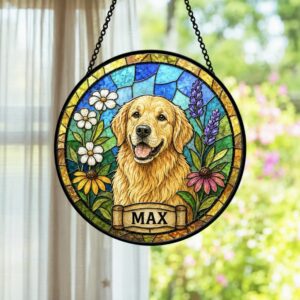 Personalized Dog Portrait Stained Glass Suncatcher, Custom Pet Memorial Stained Glass Photo Suncatcher, Dog Loss Keepsake, Pet Loss Gift - Style 1