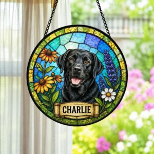 Personalized Dog Portrait Stained Glass Suncatcher, Custom Pet Memorial Stained Glass Photo Suncatcher, Dog Loss Keepsake, Pet Loss Gift - Style 2