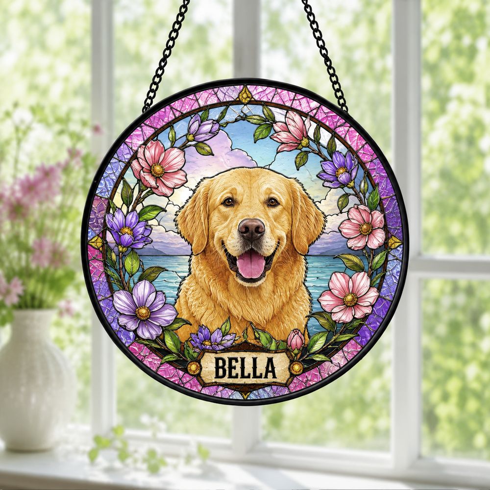 Personalized Pet Memorial Stained Glass Suncatcher, Custom Pet Photo Gift, Dog Cat Remembrance Keepsake, Rainbow Bridge Window Decor - Style 1