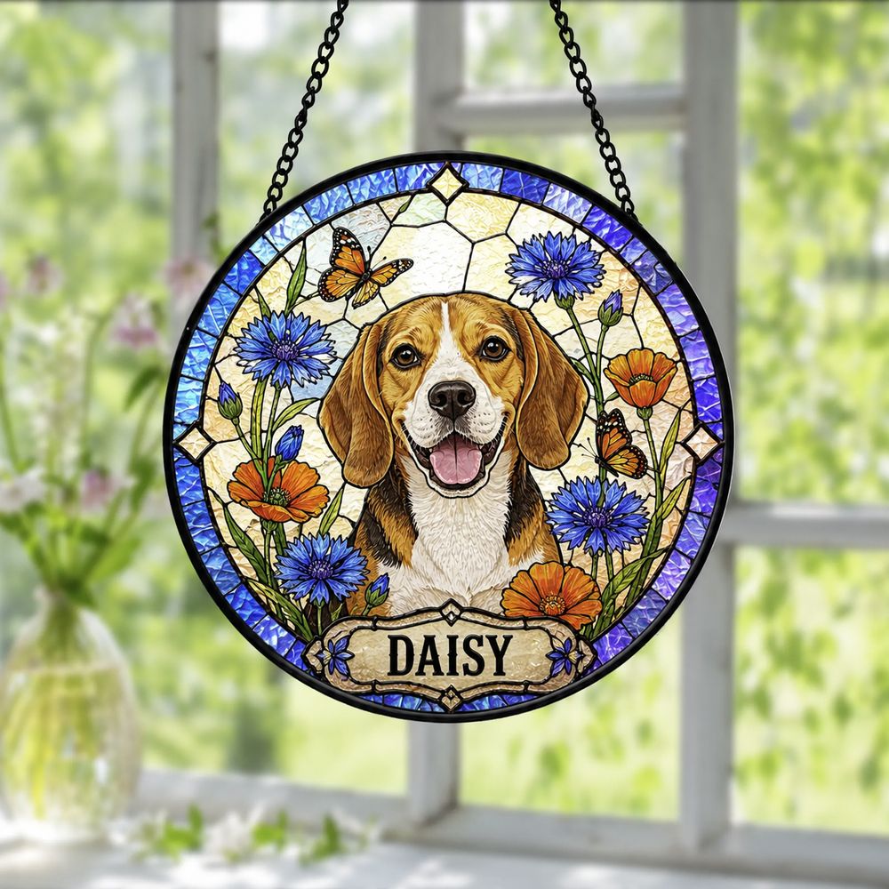 Personalized Pet Memorial Stained Glass Suncatcher, Custom Pet Photo Gift, Dog Cat Remembrance Keepsake, Rainbow Bridge Window Decor - Style 3