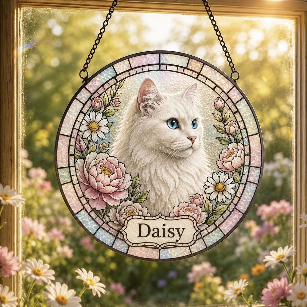 Personalized Pet Portrait Suncatcher, Custom Cat Stained Glass From Photo, Pet Memorial Gift, Cat Lover Gift - Style 3