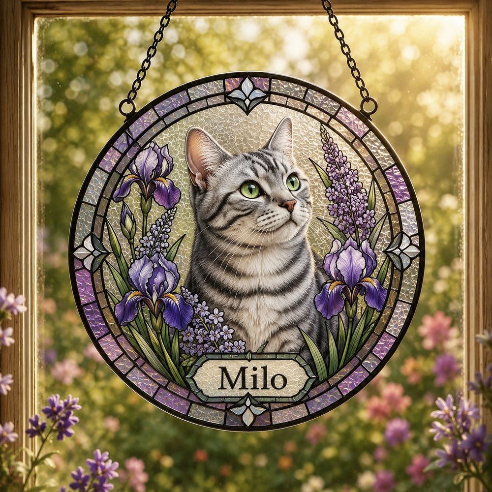 Personalized Pet Portrait Suncatcher, Custom Cat Stained Glass From Photo, Pet Memorial Gift, Cat Lover Gift - Style 4