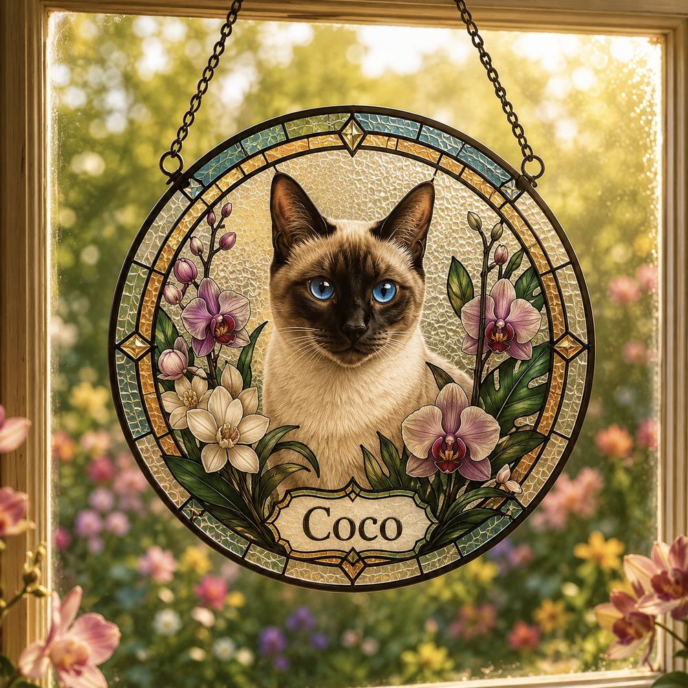 Personalized Pet Portrait Suncatcher, Custom Cat Stained Glass From Photo, Pet Memorial Gift, Cat Lover Gift - Style 5