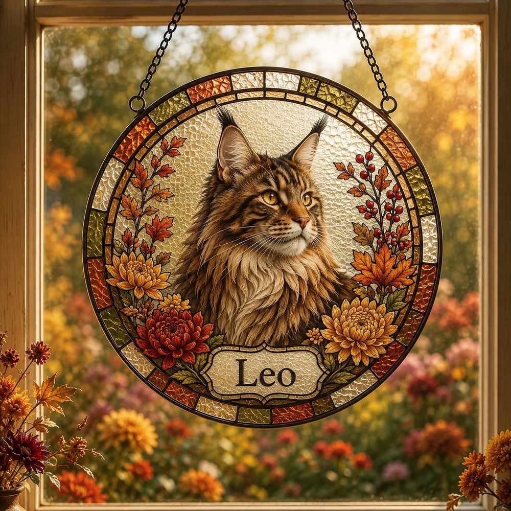 Personalized Pet Portrait Suncatcher, Custom Cat Stained Glass From Photo, Pet Memorial Gift, Cat Lover Gift - Style 6