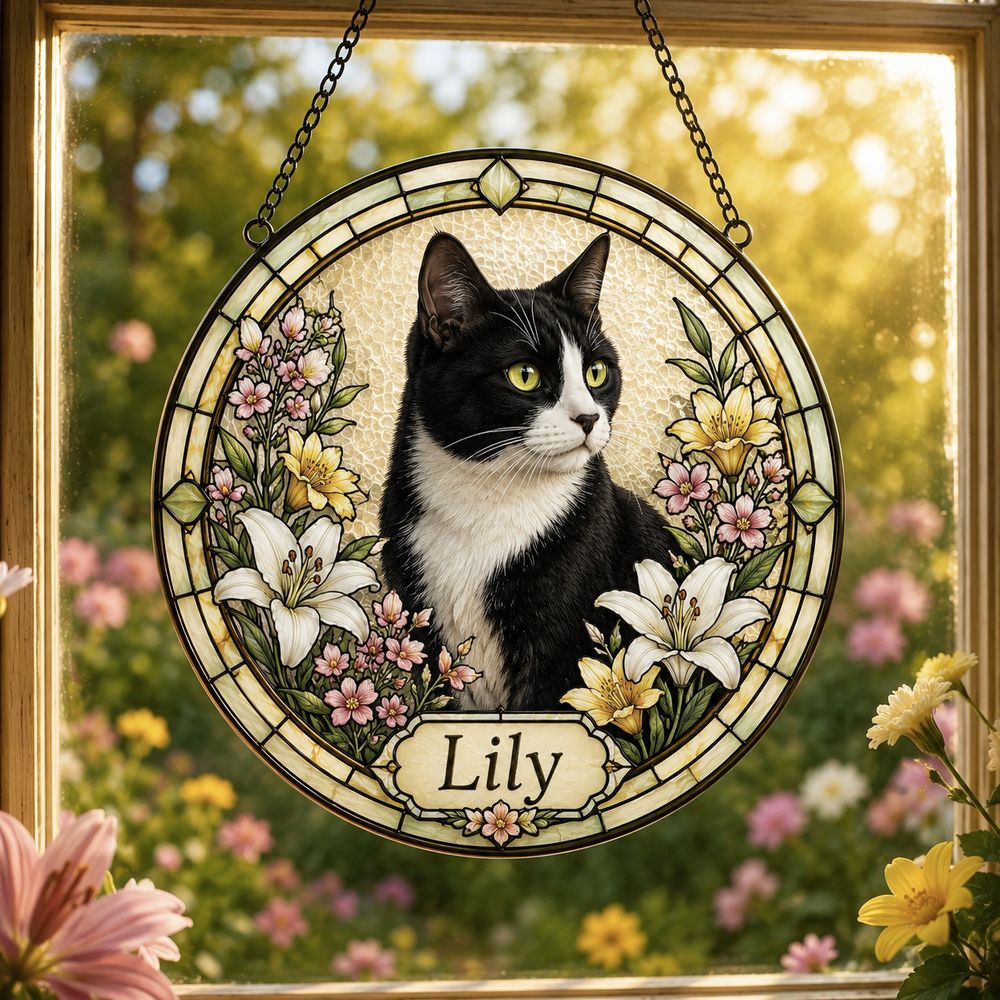Personalized Pet Portrait Suncatcher, Custom Cat Stained Glass From Photo, Pet Memorial Gift, Cat Lover Gift - Style 7