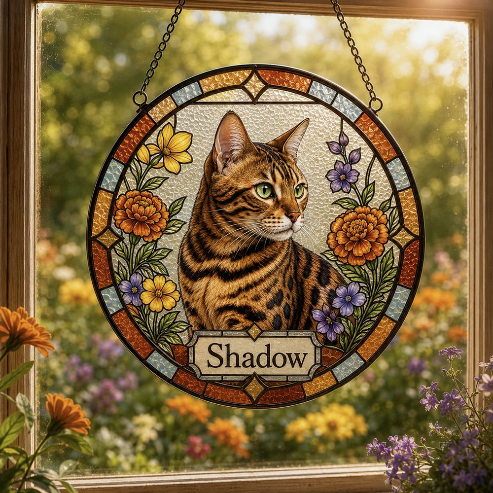 Personalized Pet Portrait Suncatcher, Custom Cat Stained Glass From Photo, Pet Memorial Gift, Cat Lover Gift - Style 9