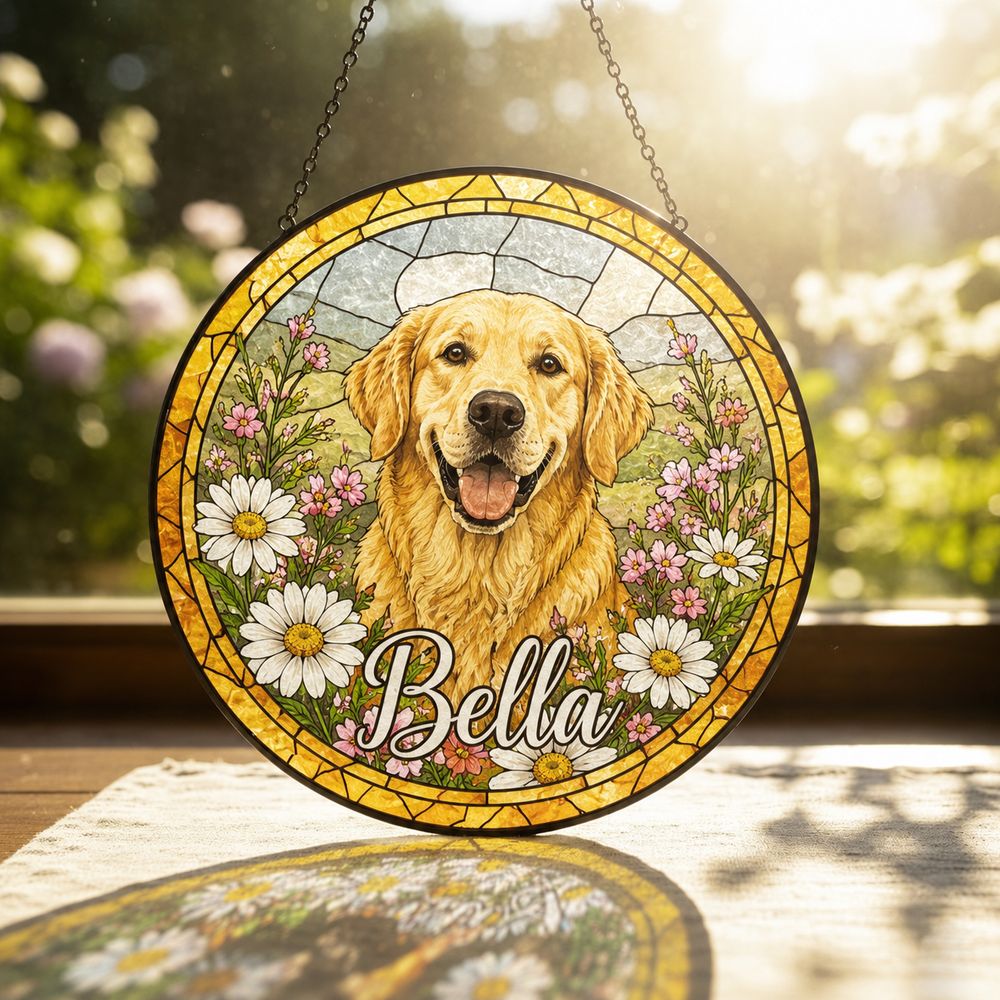 Personalized Stained Glass Pet Portrait Suncatcher, Custom Dog Memorial, Dog Loss Keepsake, Pet Loss Gift - Style 1