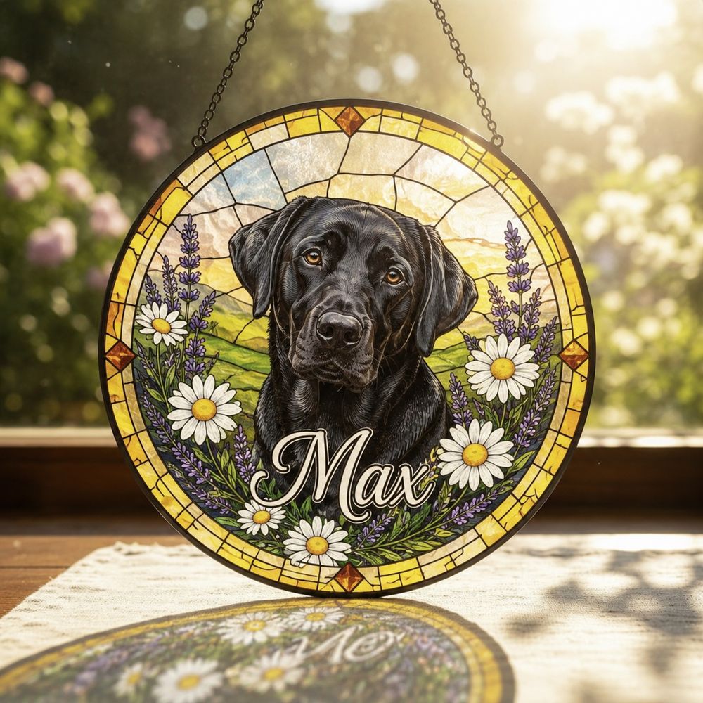 Personalized Stained Glass Pet Portrait Suncatcher, Custom Dog Memorial, Dog Loss Keepsake, Pet Loss Gift - Style 2