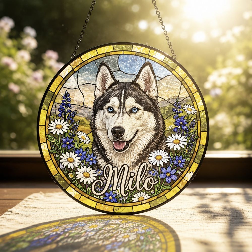 Personalized Stained Glass Pet Portrait Suncatcher, Custom Dog Memorial, Dog Loss Keepsake, Pet Loss Gift - Style 6