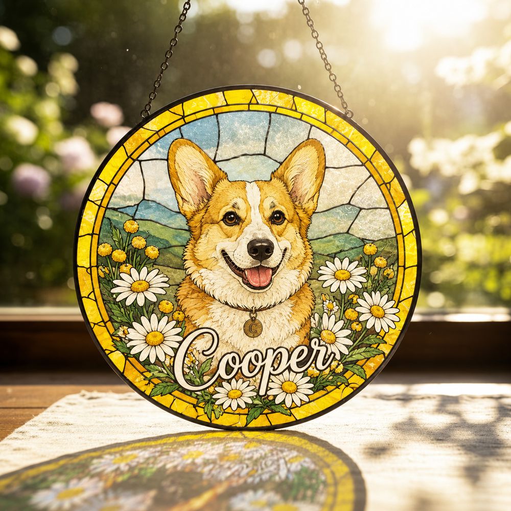 Personalized Stained Glass Pet Portrait Suncatcher, Custom Dog Memorial, Dog Loss Keepsake, Pet Loss Gift - Style 7