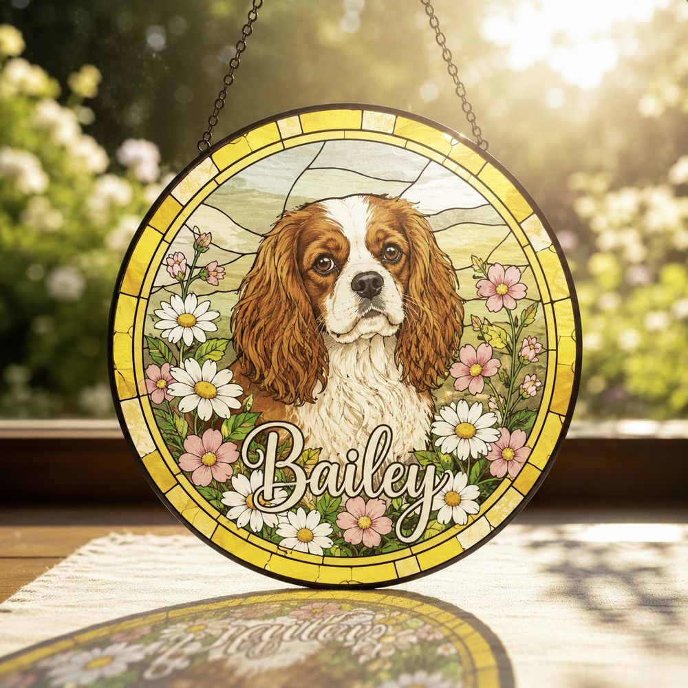 Personalized Stained Glass Pet Portrait Suncatcher, Custom Dog Memorial, Dog Loss Keepsake, Pet Loss Gift - Style 8
