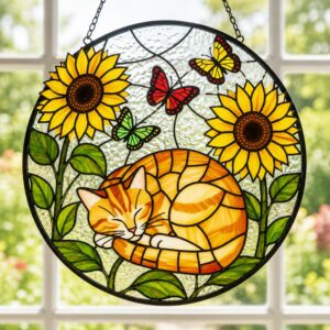 Sleeping Cat Stained Glass Suncatcher, Orange Tabby Window Hanging, Cat Lover Decor, Pet Memorial Gift, Gift For Mom - Style 1