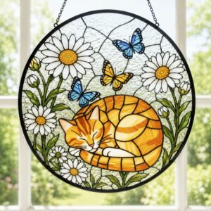 Sleeping Cat Stained Glass Suncatcher, Orange Tabby Window Hanging, Cat Lover Decor, Pet Memorial Gift, Gift For Mom - Style 2