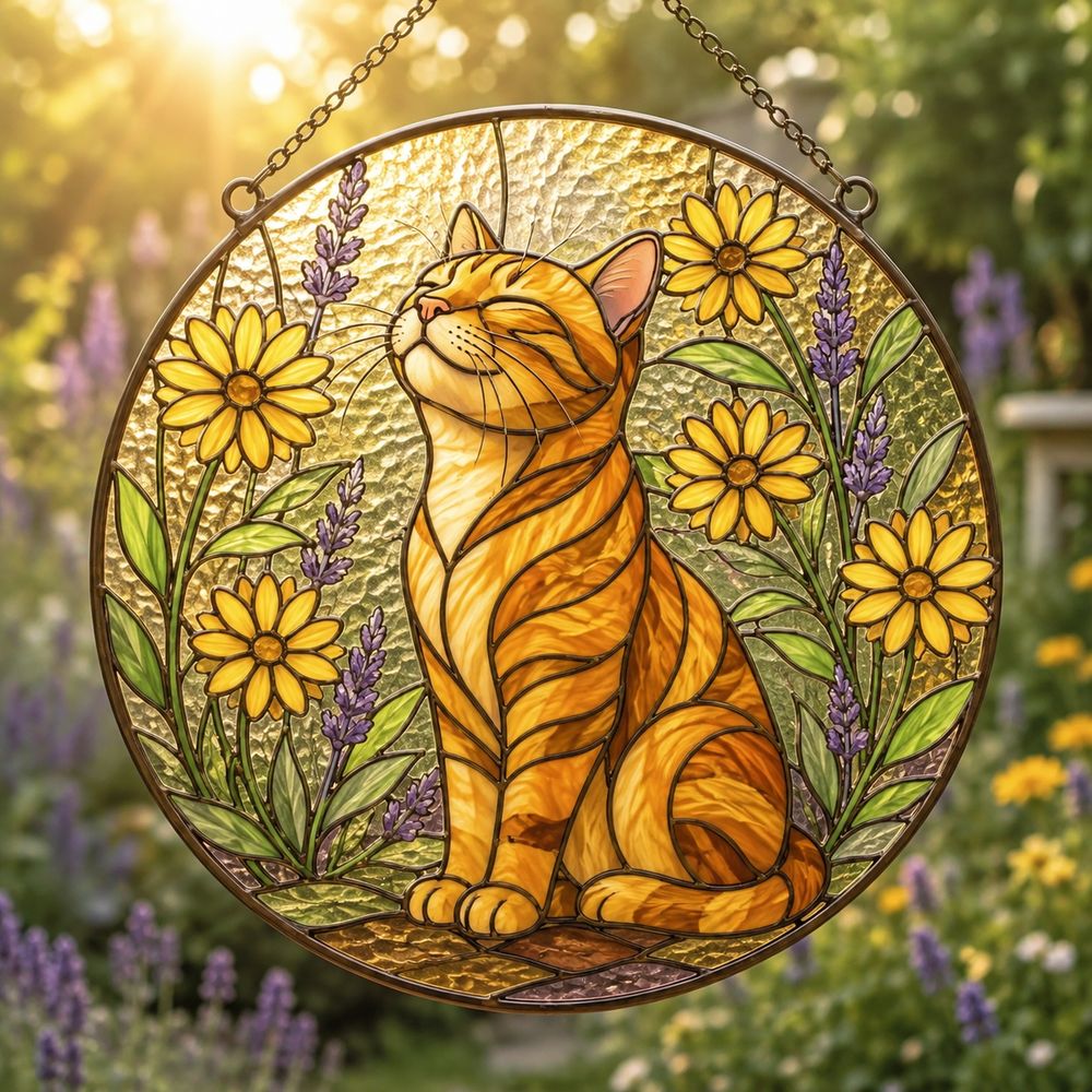 Stained Glass Cat Sunflower Suncatcher, Floral Cat Window Hanging Decor, Nature Lover Home Accent - Style 1