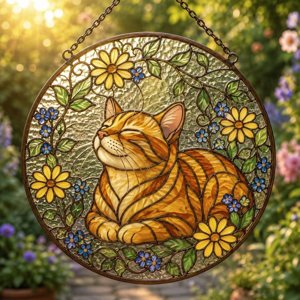 Stained Glass Cat Sunflower Suncatcher, Floral Cat Window Hanging Decor, Nature Lover Home Accent - Style 10