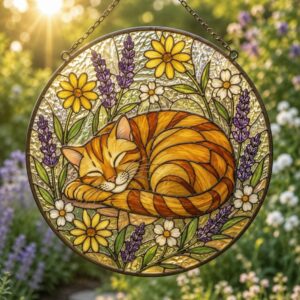 Stained Glass Cat Sunflower Suncatcher, Floral Cat Window Hanging Decor, Nature Lover Home Accent - Style 2
