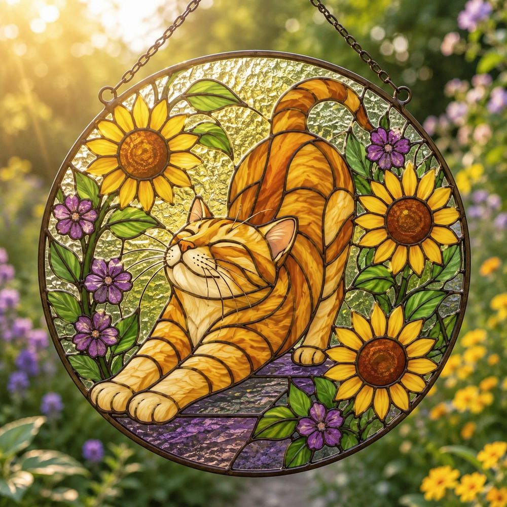 Stained Glass Cat Sunflower Suncatcher, Floral Cat Window Hanging Decor, Nature Lover Home Accent - Style 3