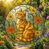 Stained Glass Cat Sunflower Suncatcher, Floral Cat Window Hanging Decor, Nature Lover Home Accent - Style 4