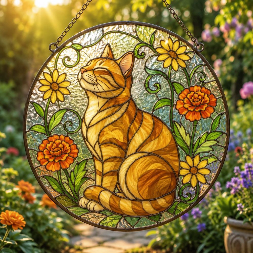 Stained Glass Cat Sunflower Suncatcher, Floral Cat Window Hanging Decor, Nature Lover Home Accent - Style 4