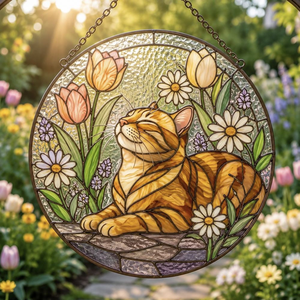 Stained Glass Cat Sunflower Suncatcher, Floral Cat Window Hanging Decor, Nature Lover Home Accent - Style 5