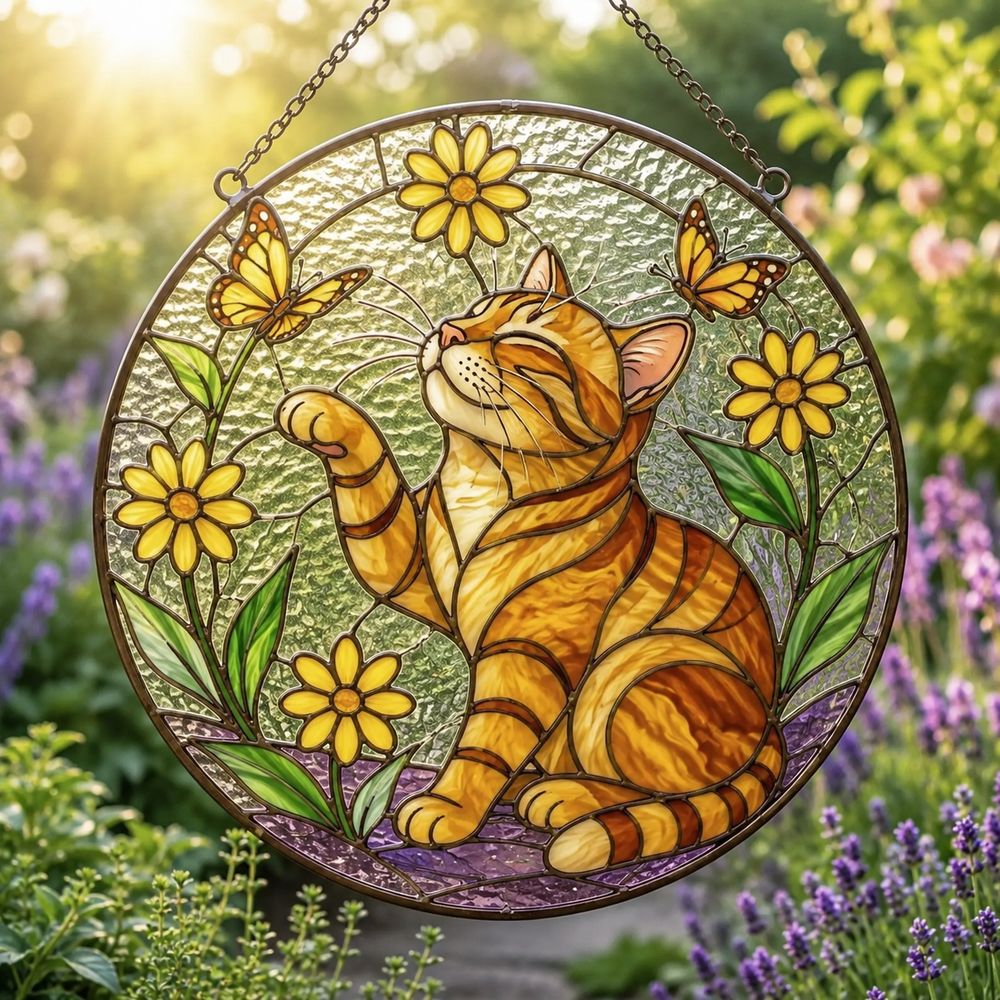 Stained Glass Cat Sunflower Suncatcher, Floral Cat Window Hanging Decor, Nature Lover Home Accent - Style 6