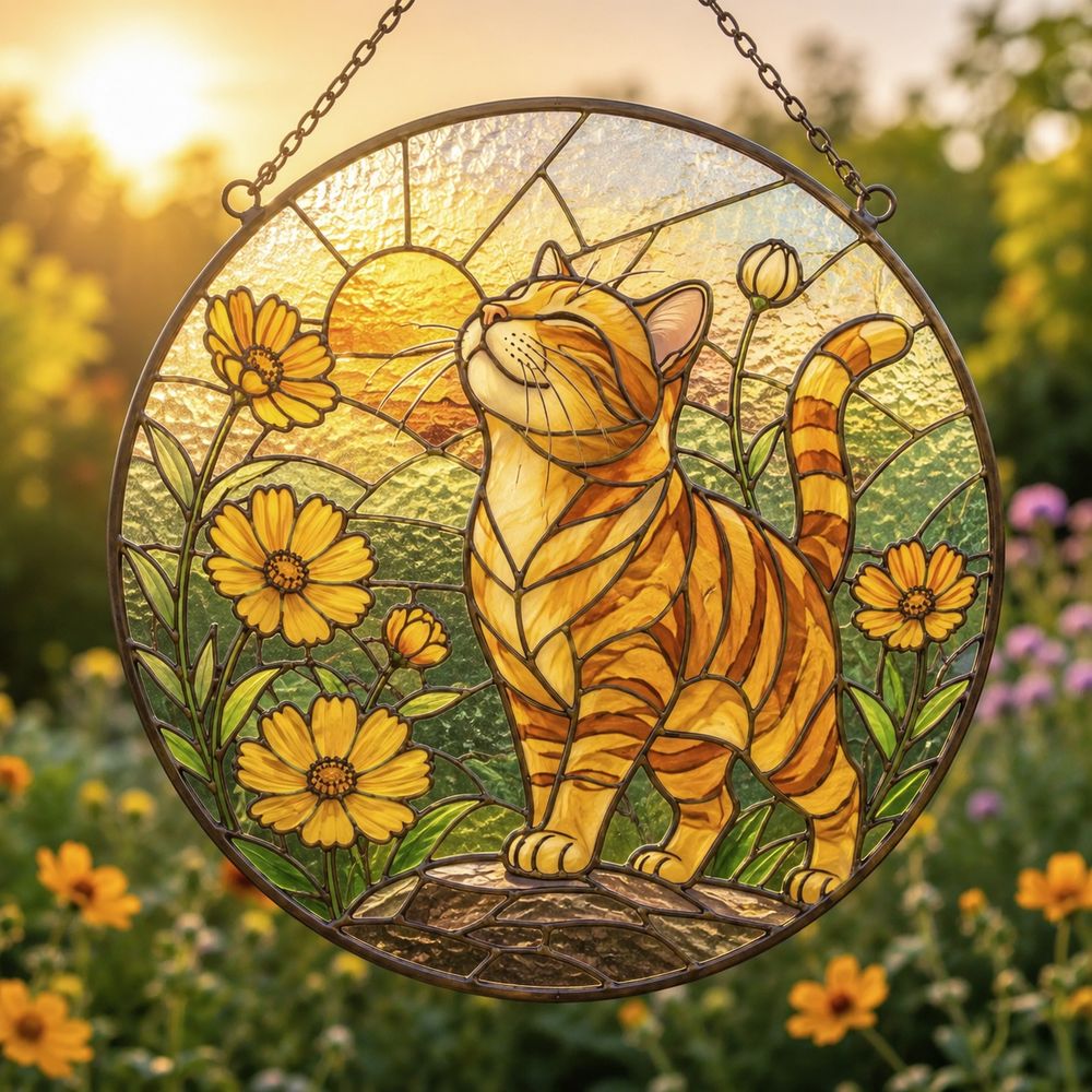 Stained Glass Cat Sunflower Suncatcher, Floral Cat Window Hanging Decor, Nature Lover Home Accent - Style 7