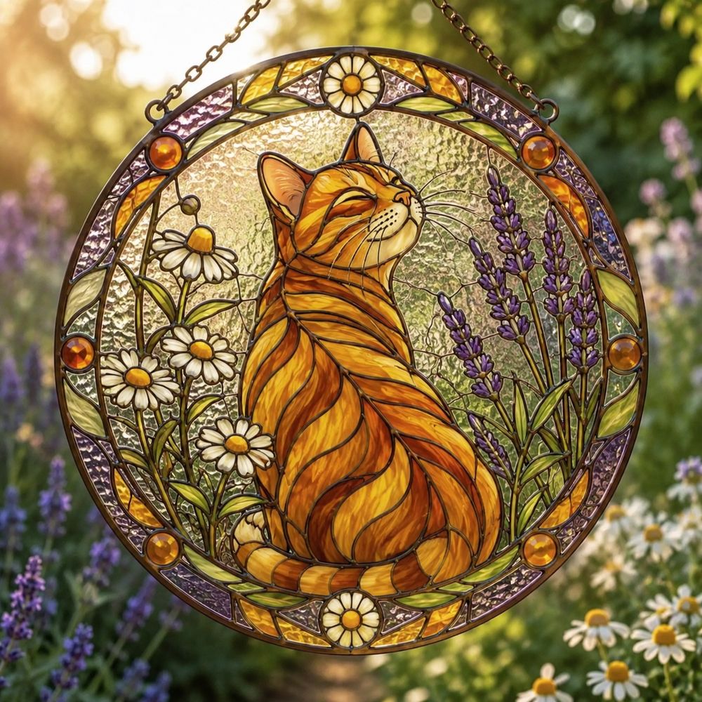 Stained Glass Cat Sunflower Suncatcher, Floral Cat Window Hanging Decor, Nature Lover Home Accent - Style 8