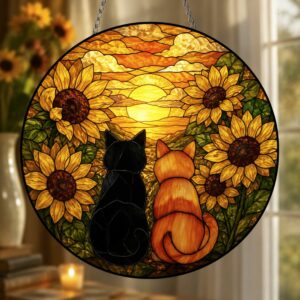 Sunflower Cat Window Hanging, Cat Portrait Stained Glass Suncatcher Home Decor, Sunflower Cat Suncatcher Gift For Cat Lovers, Pet Keepsake - Style 1