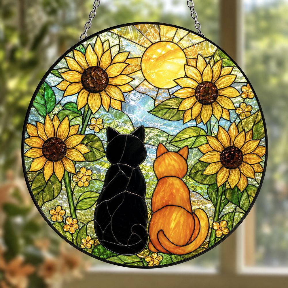 Sunflower Cat Window Hanging, Cat Portrait Stained Glass Suncatcher Home Decor, Sunflower Cat Suncatcher Gift For Cat Lovers, Pet Keepsake - Style 10