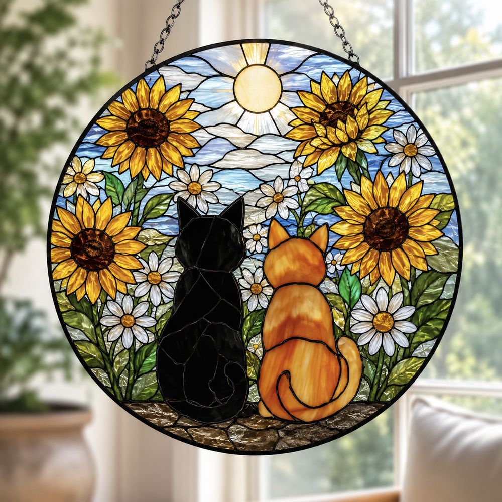 Sunflower Cat Window Hanging, Cat Portrait Stained Glass Suncatcher Home Decor, Sunflower Cat Suncatcher Gift For Cat Lovers, Pet Keepsake - Style 2