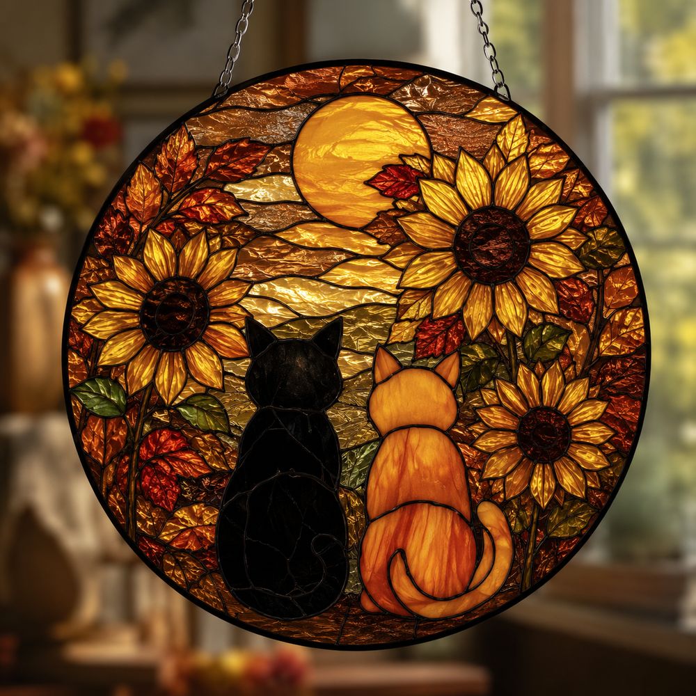Sunflower Cat Window Hanging, Cat Portrait Stained Glass Suncatcher Home Decor, Sunflower Cat Suncatcher Gift For Cat Lovers, Pet Keepsake - Style 4