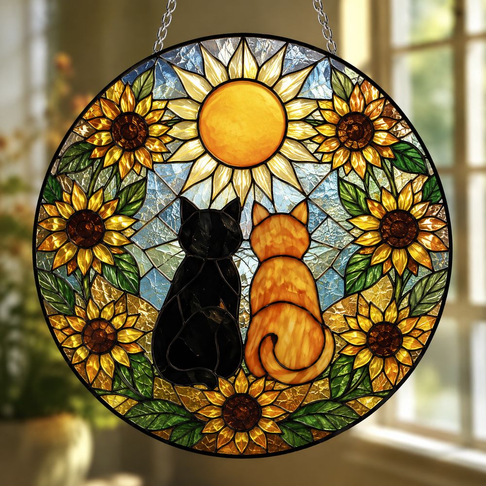 Sunflower Cat Window Hanging, Cat Portrait Stained Glass Suncatcher Home Decor, Sunflower Cat Suncatcher Gift For Cat Lovers, Pet Keepsake - Style 5