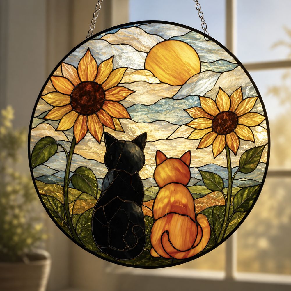Sunflower Cat Window Hanging, Cat Portrait Stained Glass Suncatcher Home Decor, Sunflower Cat Suncatcher Gift For Cat Lovers, Pet Keepsake - Style 6