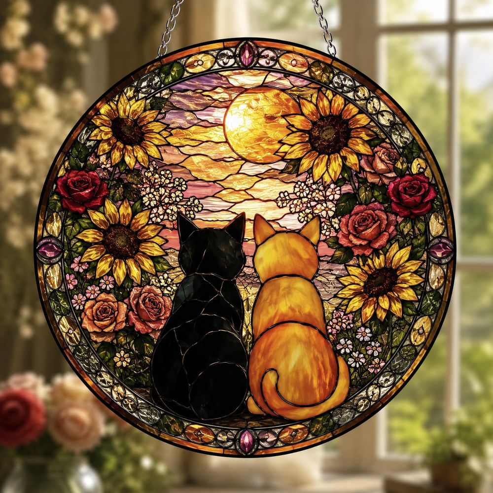 Sunflower Cat Window Hanging, Cat Portrait Stained Glass Suncatcher Home Decor, Sunflower Cat Suncatcher Gift For Cat Lovers, Pet Keepsake - Style 7
