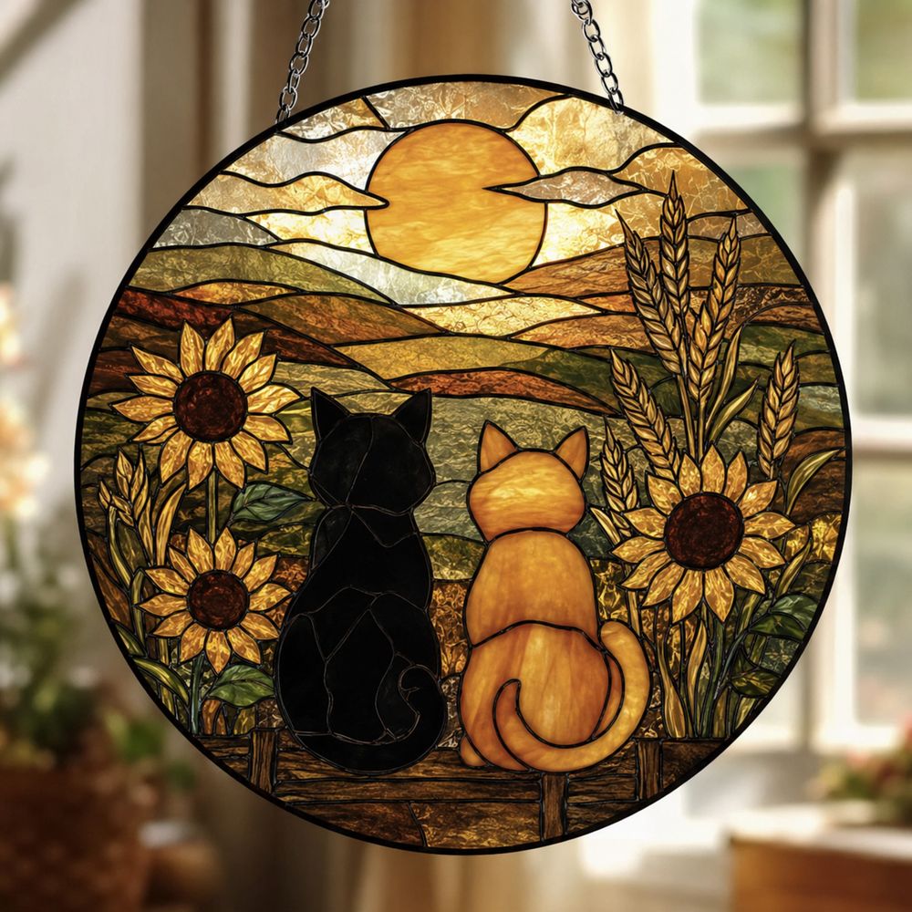 Sunflower Cat Window Hanging, Cat Portrait Stained Glass Suncatcher Home Decor, Sunflower Cat Suncatcher Gift For Cat Lovers, Pet Keepsake - Style 8